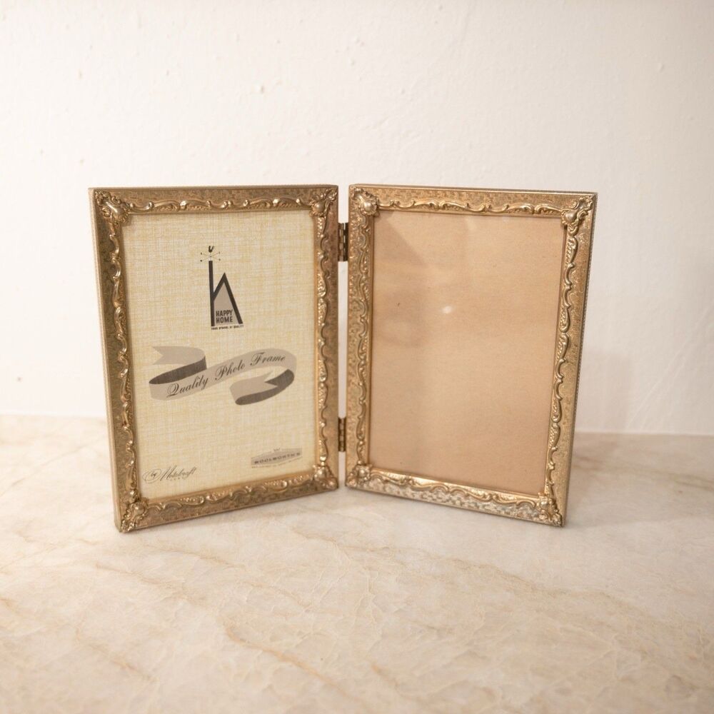 Vintage 1960s Gold Metal Embossed Double Hinged Picture Frame 5x7